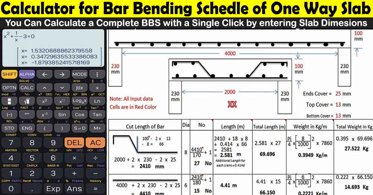 Calculator for Bar Bending Schedule of One-Way Slab with Dimensions and Calculations Displayed