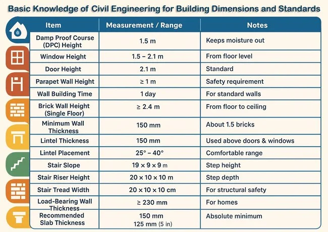 Basic knowledge of civil engineering infographic showing standard building dimensions, room sizes, and construction standards for site engineers and architects.