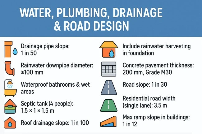 Civil engineering basics infographic showing water supply, plumbing, drainage, and road design guidelines with dimensions, slopes, and construction tips.