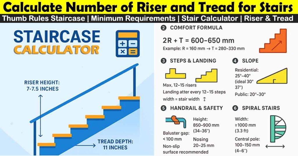 Staircase calculator infographic showing riser height, riser and tread for stairs, comfort formula, slope, steps & landing, handrail safety, and spiral stair design guidelines
