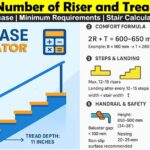 Staircase calculator infographic showing riser height, riser and tread for stairs, comfort formula, slope, steps & landing, handrail safety, and spiral stair design guidelines