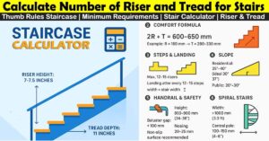 Staircase calculator infographic showing riser height, riser and tread for stairs, comfort formula, slope, steps & landing, handrail safety, and spiral stair design guidelines