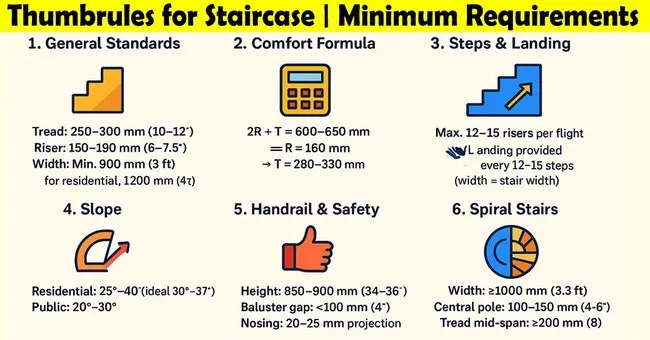 Infographic showing thumb rules for staircase design including riser and tread for stairs, width, comfort formula, steps and landing, slope, handrail safety, and spiral stair requirements.