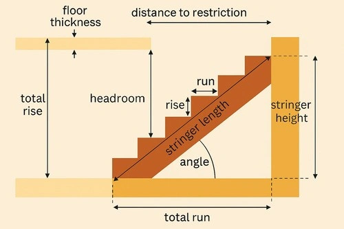 Modern staircase diagram showing total riser and tread for stairs, total run, stringer length, stringer height, rise, run, headroom, angle, and floor thickness with clean colors