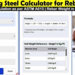Reinforcing steel calculator interface with rebar weight formula, steel size chart, and unit weight reference in Kg/ft for construction and civil engineering.